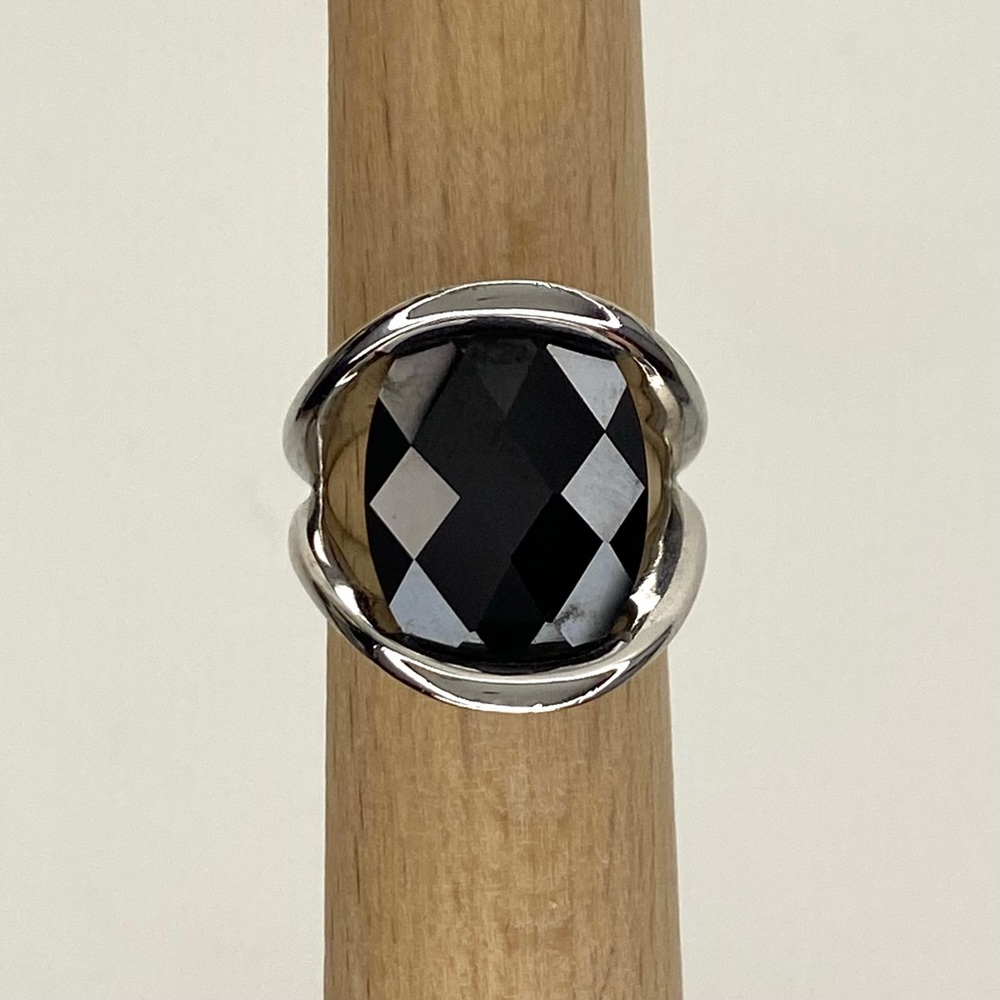 Lia Sophia Silver Tone Ring with Black Faceted Stone